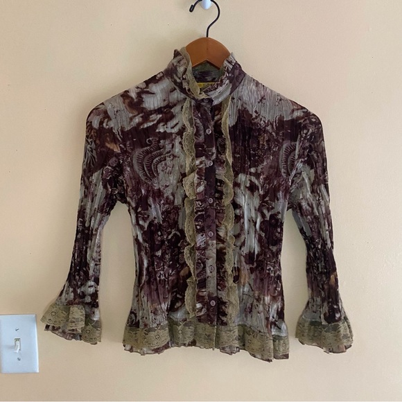 Y2K Lloyd Williams Blouse Woman Small Crinkle Sheer Lace Bell Sleeve Forestfairy - Picture 16 of 16